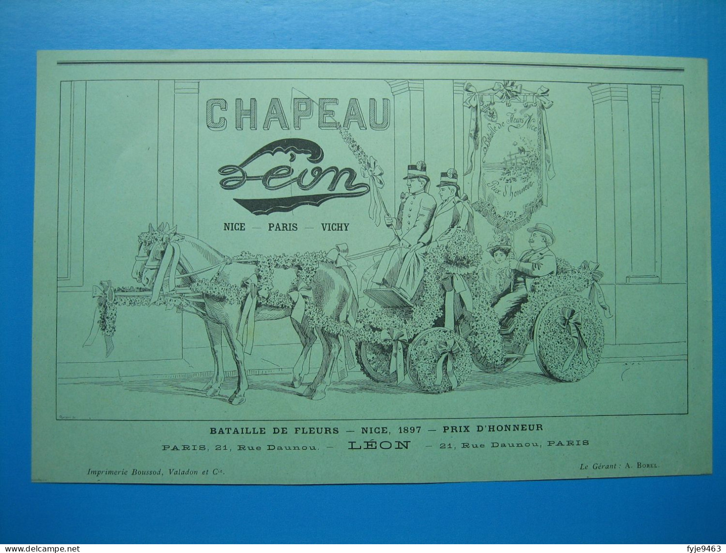 (1897) Chapeau  LÉON  - Nice, Paris, Vichy - Bataille De Fleurs, Nice 1897 - Prix D'honneur - LÉON Rue Daunou à Paris - Publicités