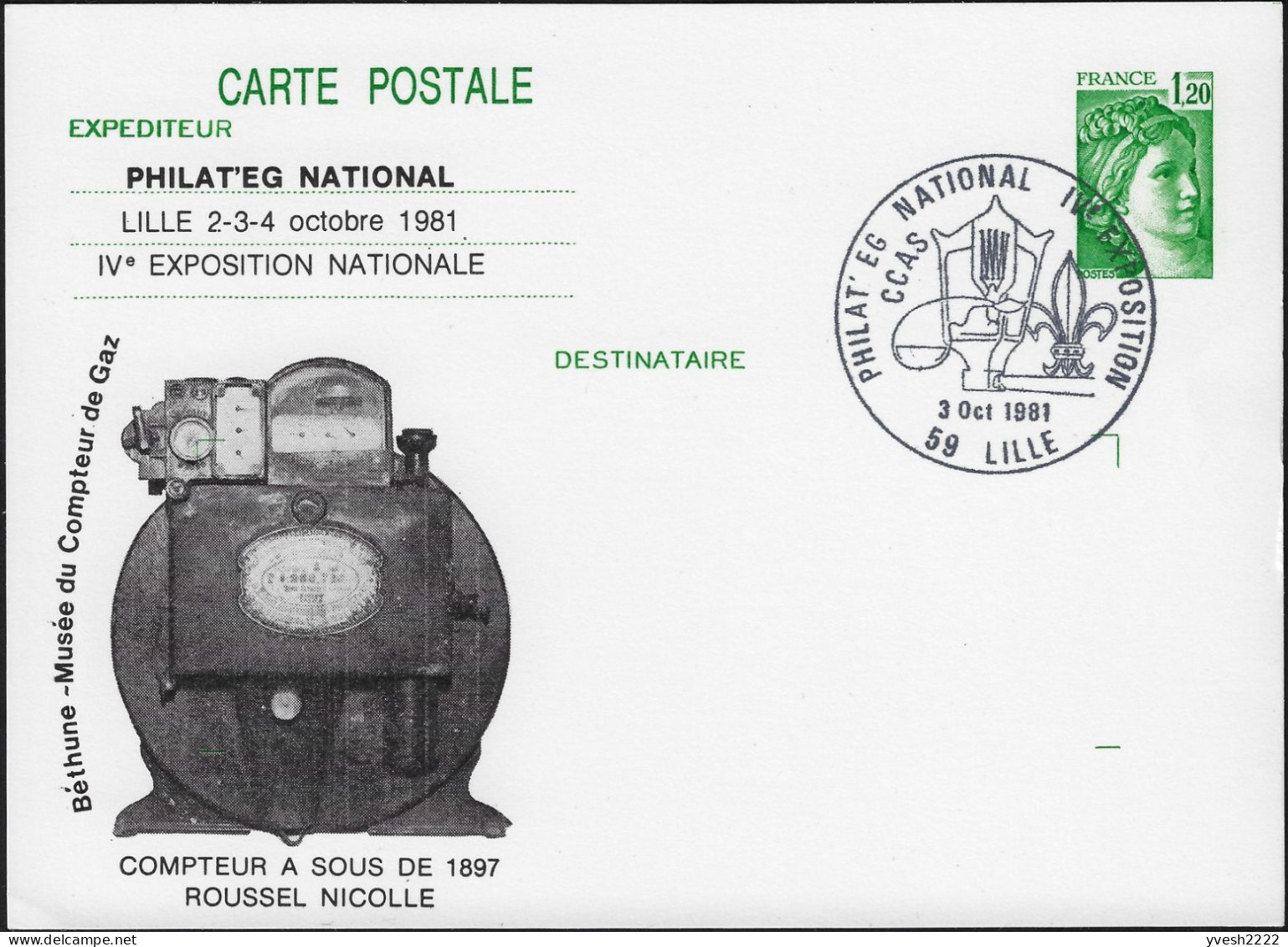 France 1981. Entier Postal Repiqué. Compteur à Sous, Paiement Du Gaz Par Ouverture Du Robinet. 1897 Roussel-Nicolle - Gaz
