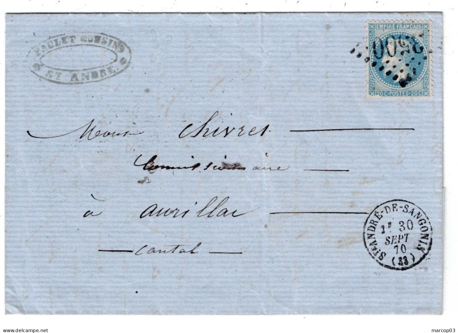 34 HERAULT SAINT ANDRE DE SANGONI LAC TAD Type 16 Du 30/09/1870  GC 3500 Sur N° 29(def) TTB - 1849-1876: Période Classique