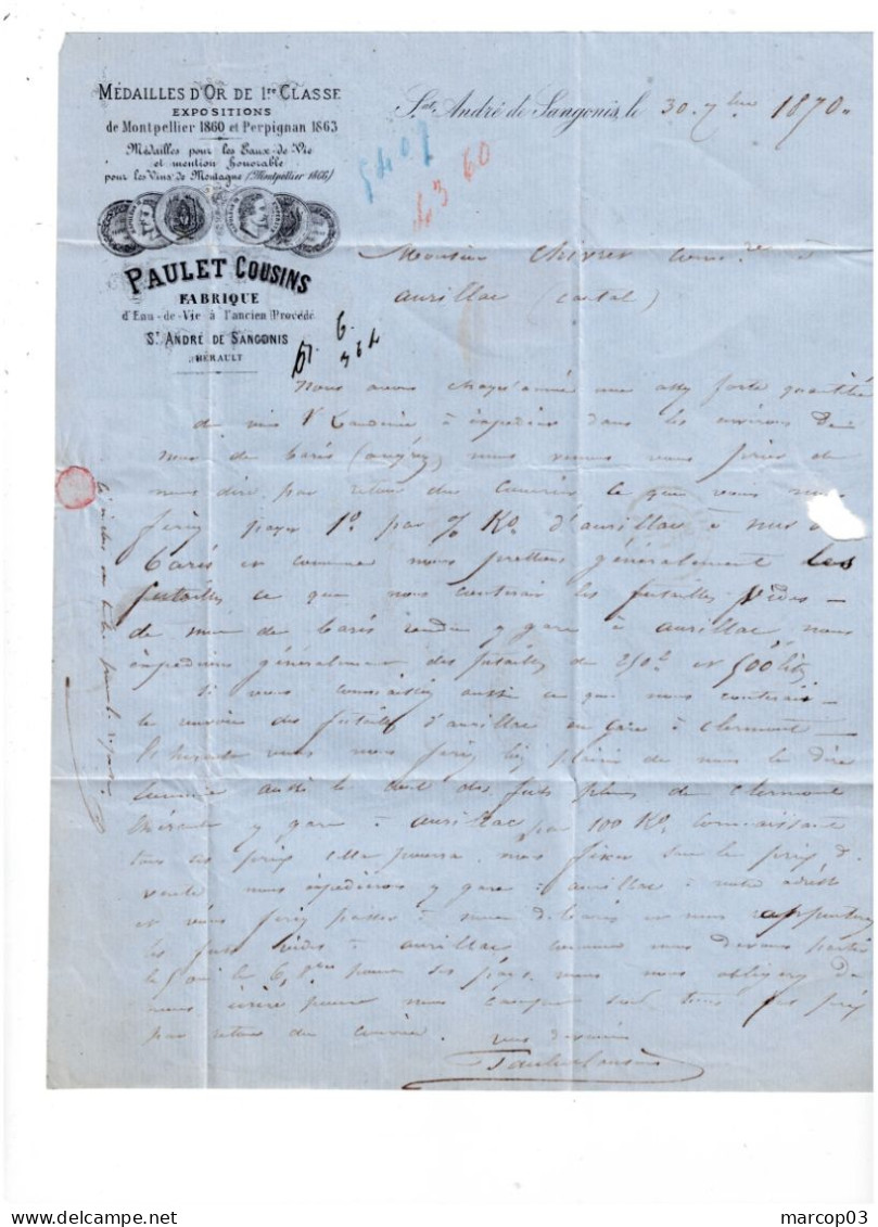 34 HERAULT SAINT ANDRE DE SANGONI LAC TAD Type 16 Du 30/09/1870  GC 3500 Sur N° 29(def) TTB - 1849-1876: Periodo Classico