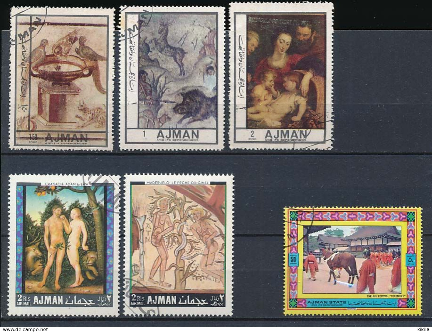 6 Timbres Oblitérés AJMAN XVI-15 (3) Tableaux Peintures Cranach (Adam Et Eve) Maderuelo (le Péché Originel)... - Ajman