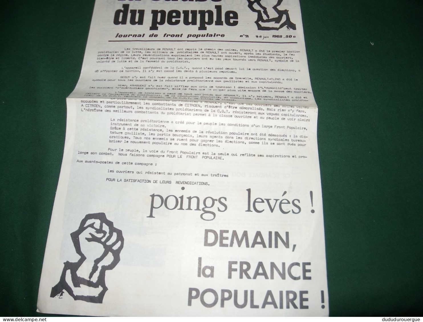 PROPAGANDE 68 : LA CAUSE DU PEUPLE N ° 18  JOURNAL DE FRONT POPULAIRE , 18 / 19 JUIN 1968 - 1950 - Today