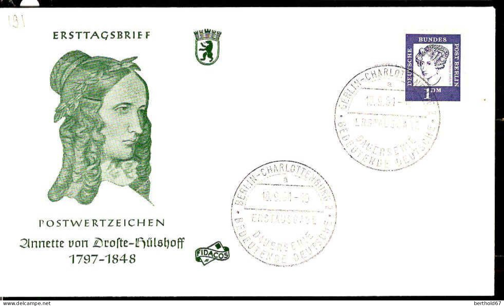 Berlin Poste Obl Yv:191 Mi:212 Annette Von Droste-Hülshoff Ecrivaine (TB Cachet à Date) Fdc Berlin 18-9-61 - 1948-1970