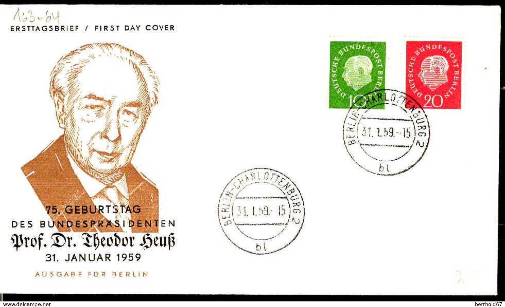 Berlin Poste Obl Yv:163/164 Theodor Heuss Deutscher Bundespräsident (TB Cachet à Date) Fdc Berlin 31-1-59 - 1948-1970