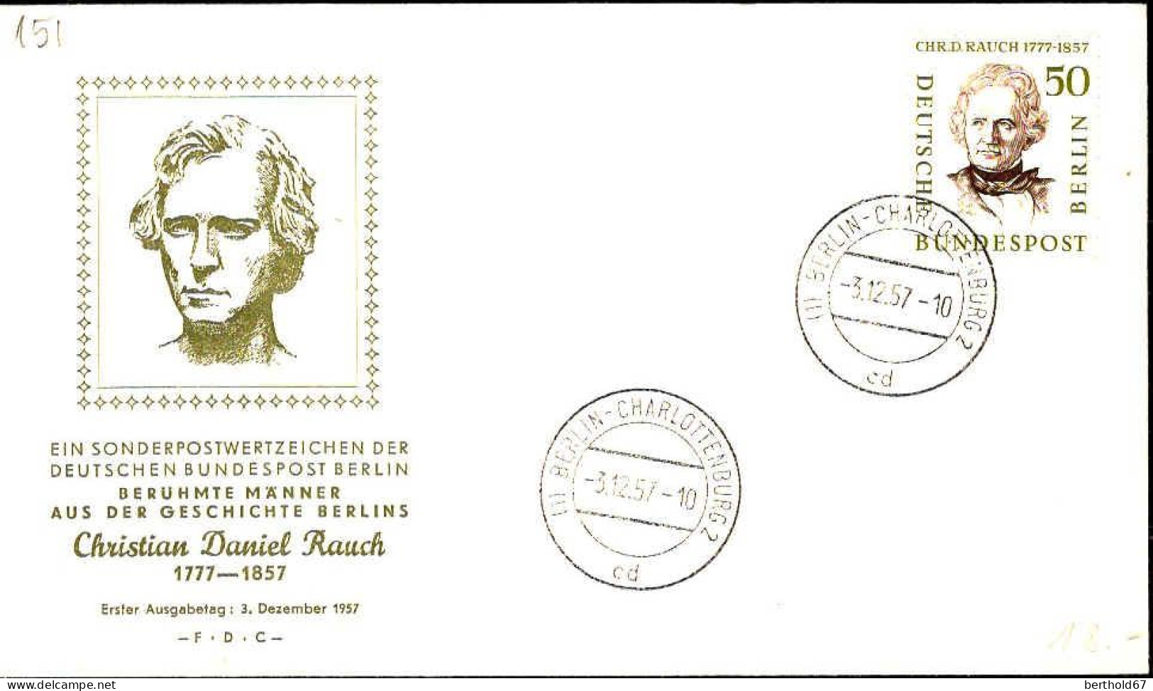 Berlin Poste Obl Yv:151 Mi:172 Christian Daniel Rauch Sculpteur (TB Cachet à Date) Fdc Berlin 3-12-57 - 1948-1970