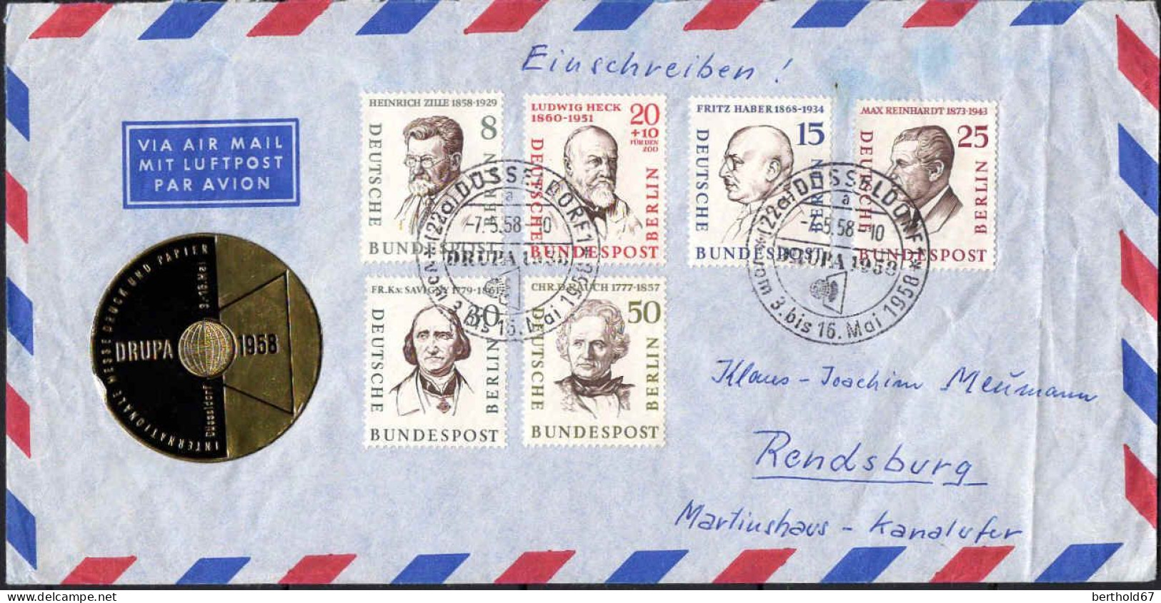 Berlin Poste Obl Yv:144-47-49/51-53 Drupa 1958 (TB Cachet à Date)Enveloppe - Gebruikt