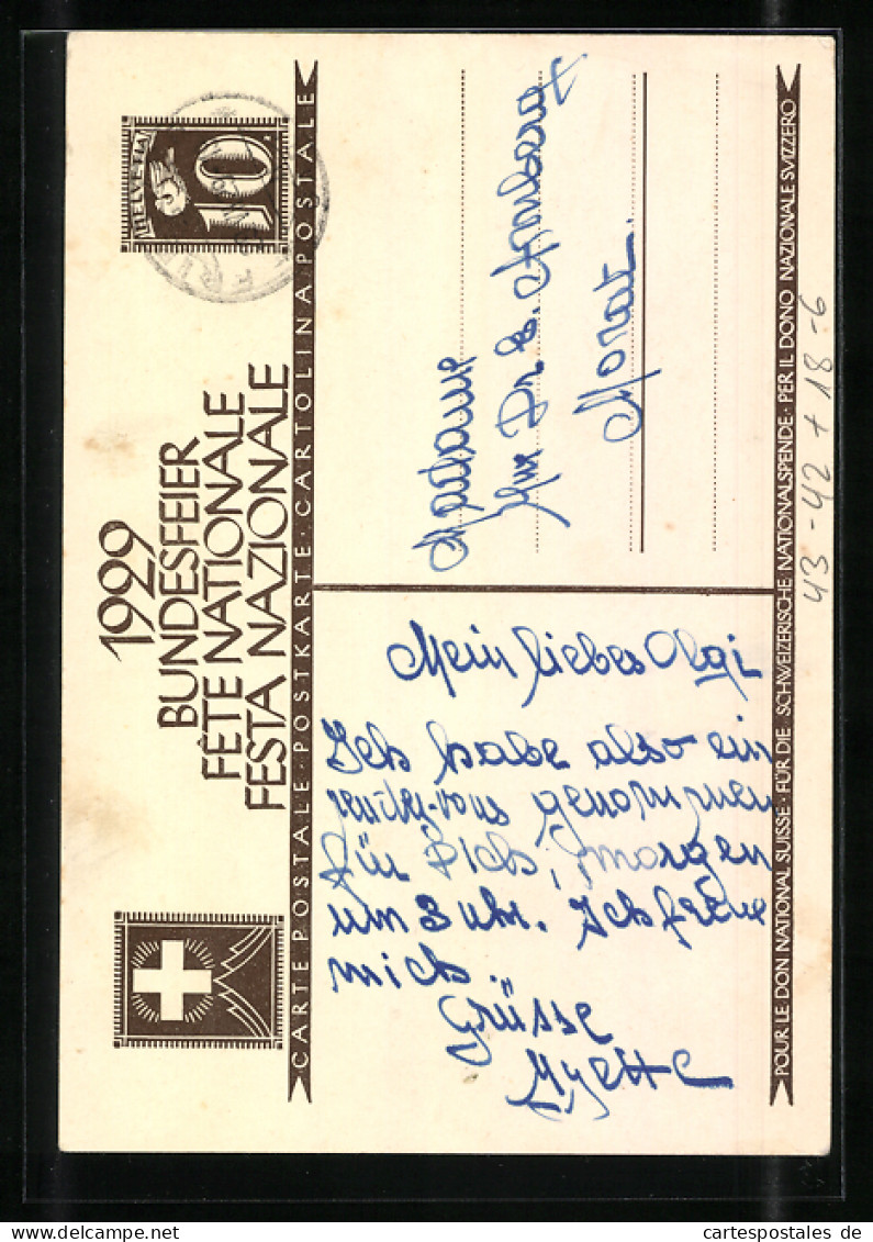 Künstler-AK J. Courvoisier: Schweizer Bundesfeier 1929  - Other & Unclassified