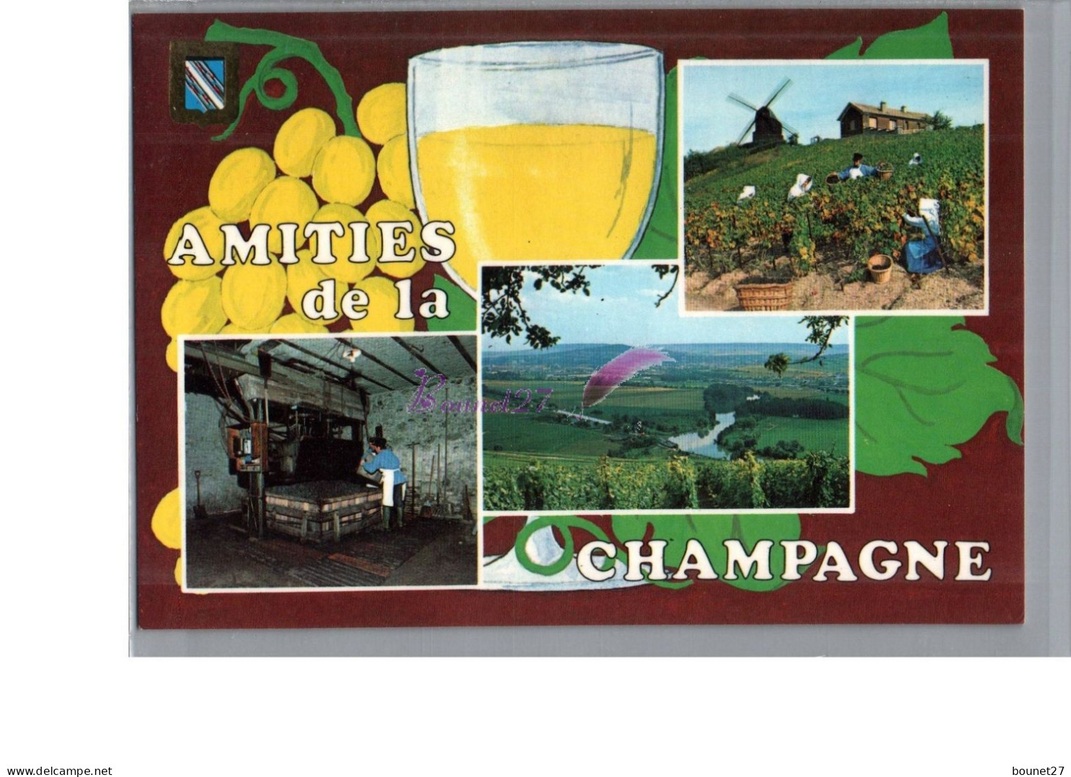 CHAMPAGNE - Amitiés De La Champagne Moulin à Vent Raisin Verre Vigne Vigneron Fabrique Carte Vierge - Champagne - Ardenne