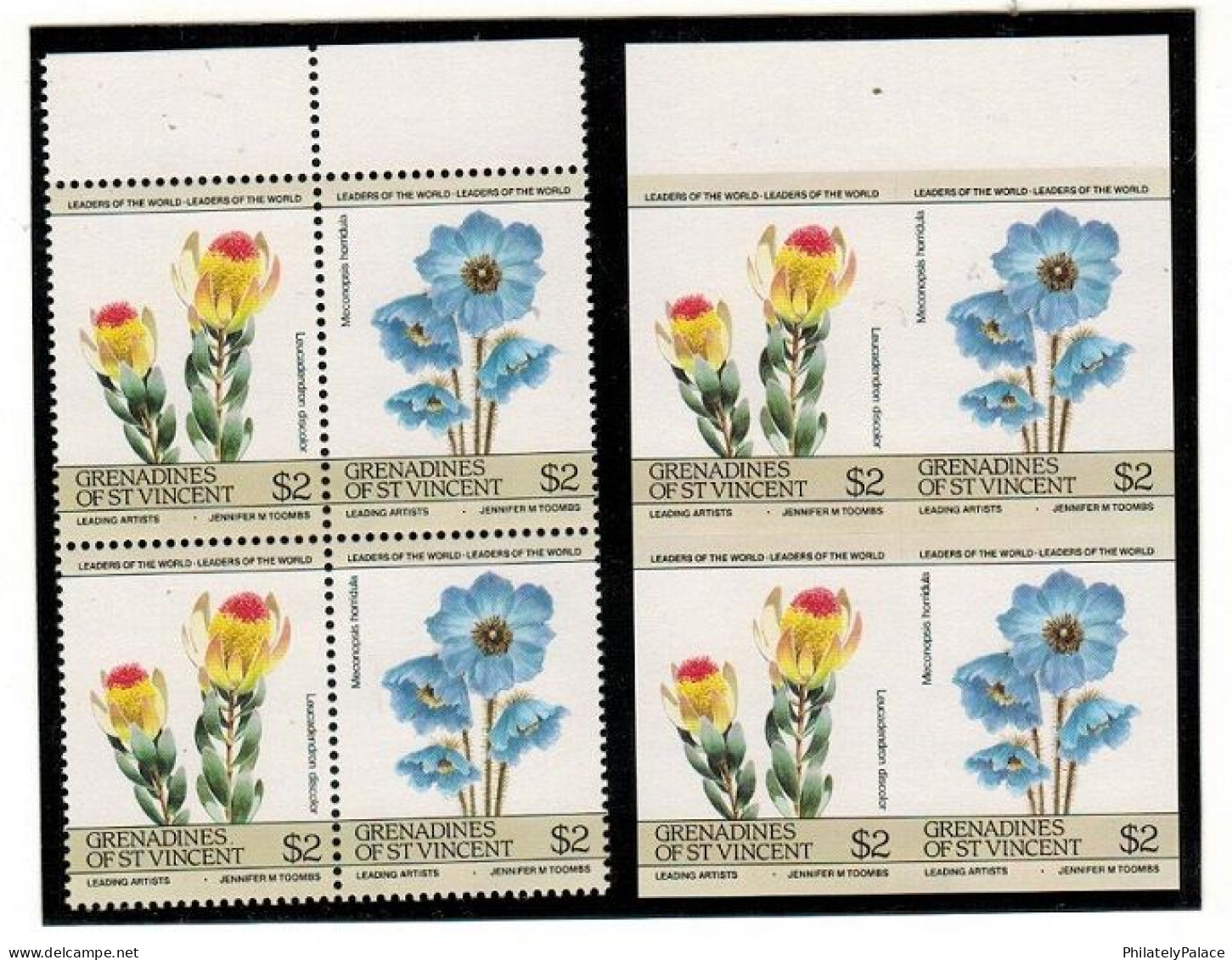 ST.VINCENT - 1985 $2 'Flowers' U/M Se-tenant Pair IMPERFORATE PLATE PROOF, Block 4v,MNH (**) VERY RARE - St.Vincent (1979-...)