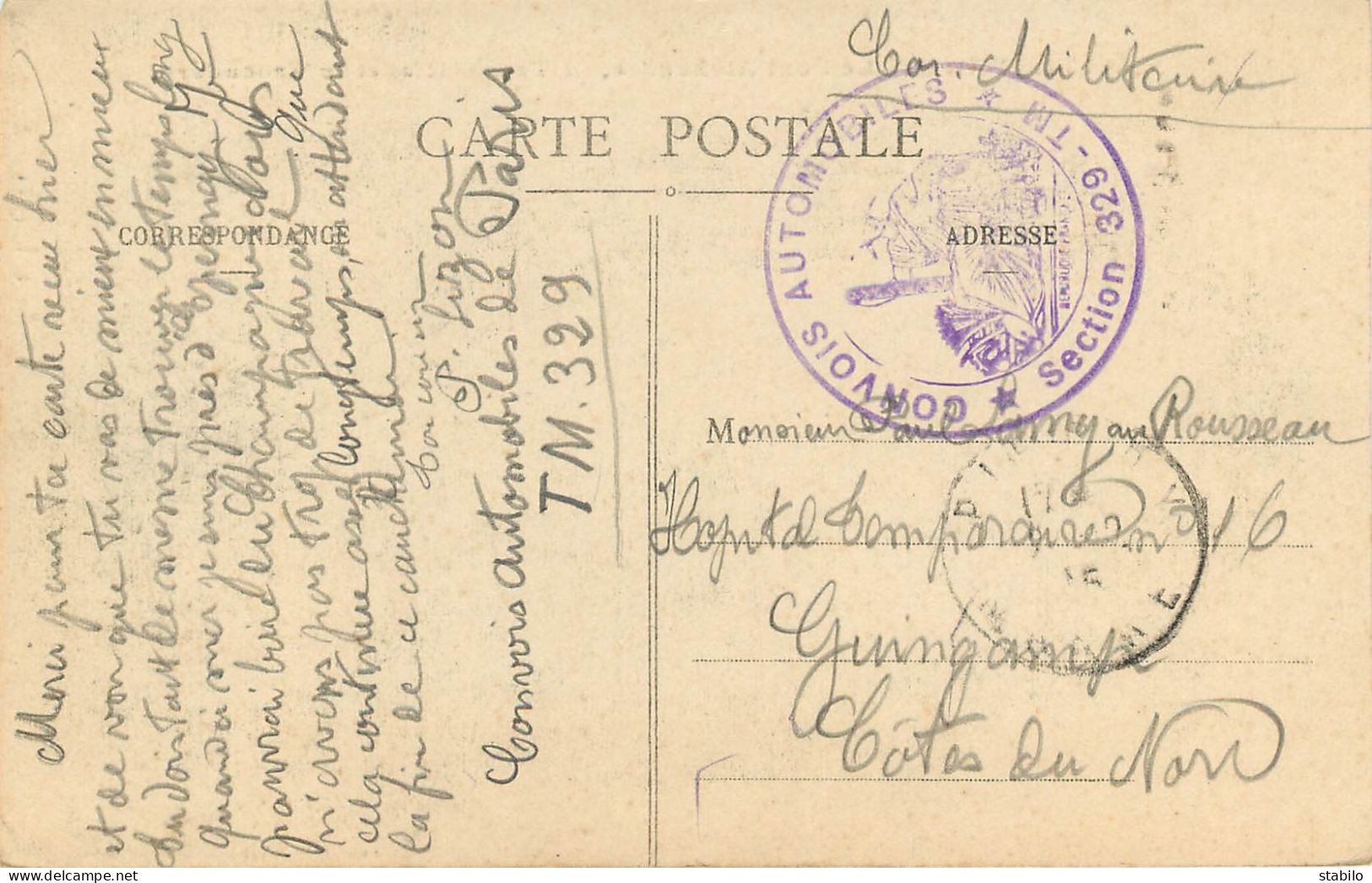 CACHET DE LA 329E SECTION TM DES CONVOIS AUTOMOBILES DE PARIS EN 1917 - WW I