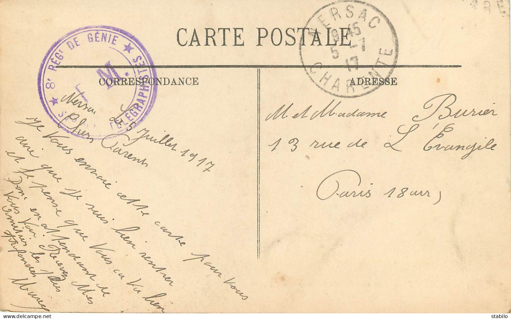 CACHET DU 8E REGIMENT DU GENIE SERVICES TELEGRAPHISTES ET CACHET NERSAC DU 5.7.1917 - WW I