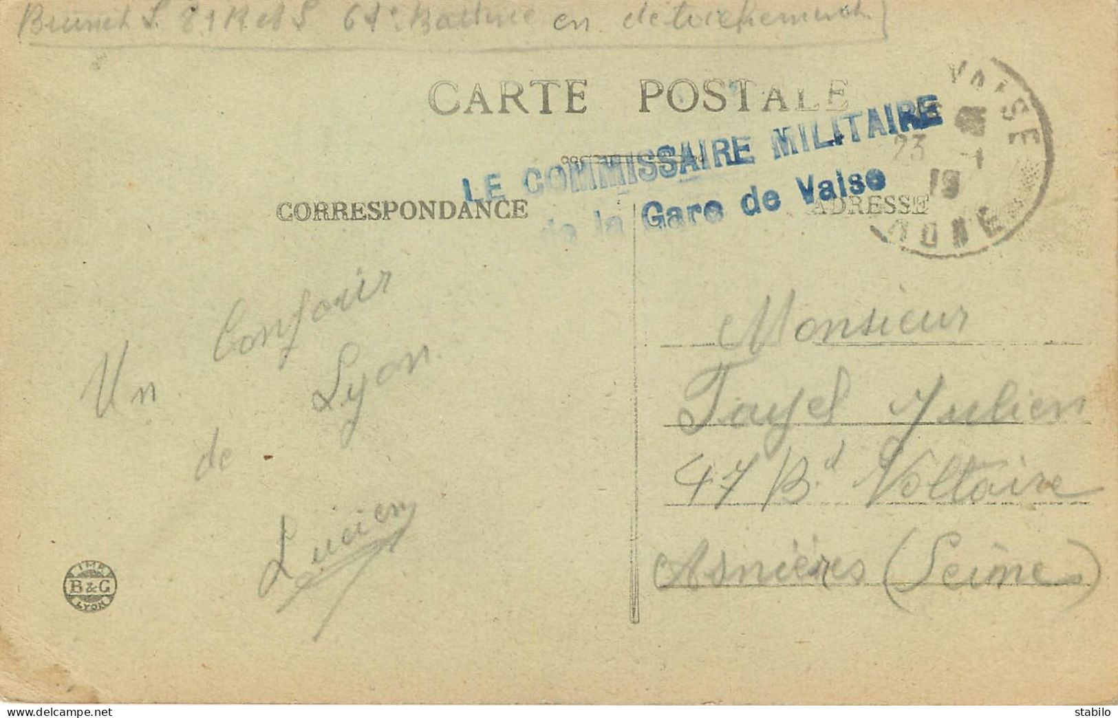 CACHET DU COMMISSAIRE MILITAIRE DE LA GARE DE VAISE (RHONE) - Oorlog 1914-18