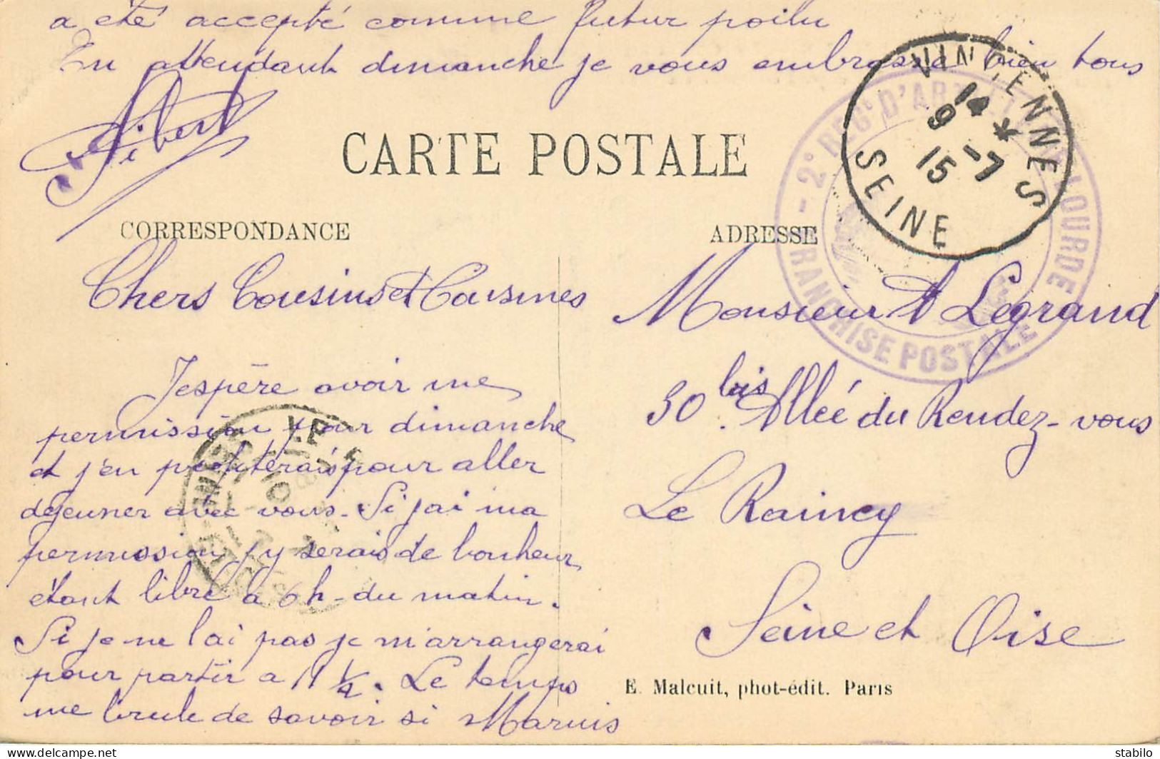 CACHET DU 2E REGIMENT D'ARTILLERIE LOURDE AVEC CACHET POSTAL DE VINCENNES DU 9.7.1915 - WW I