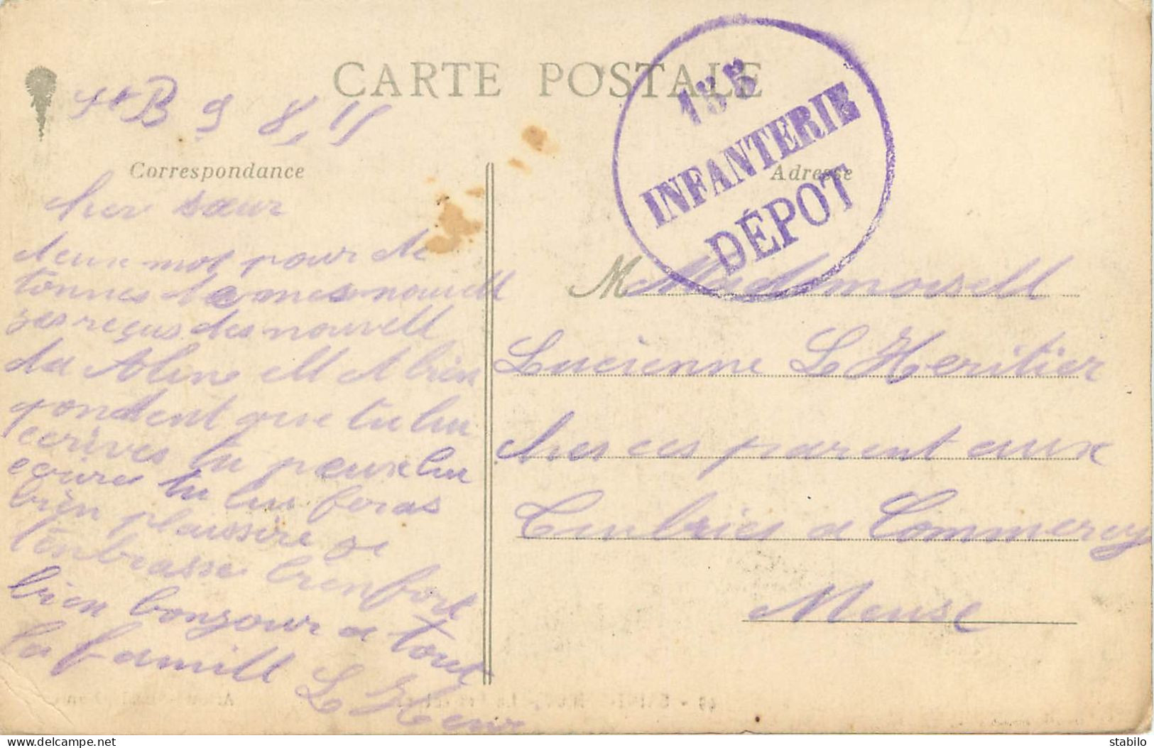 CACHET DU DEPOT DU 155E REGIMENT D'INFANTERIE A ST BRIEUC LE 9.8.1915 - WW I