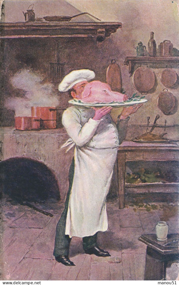 Illustrateur - Cuisinier Servant Une Tête De Cochon - 1900-1949