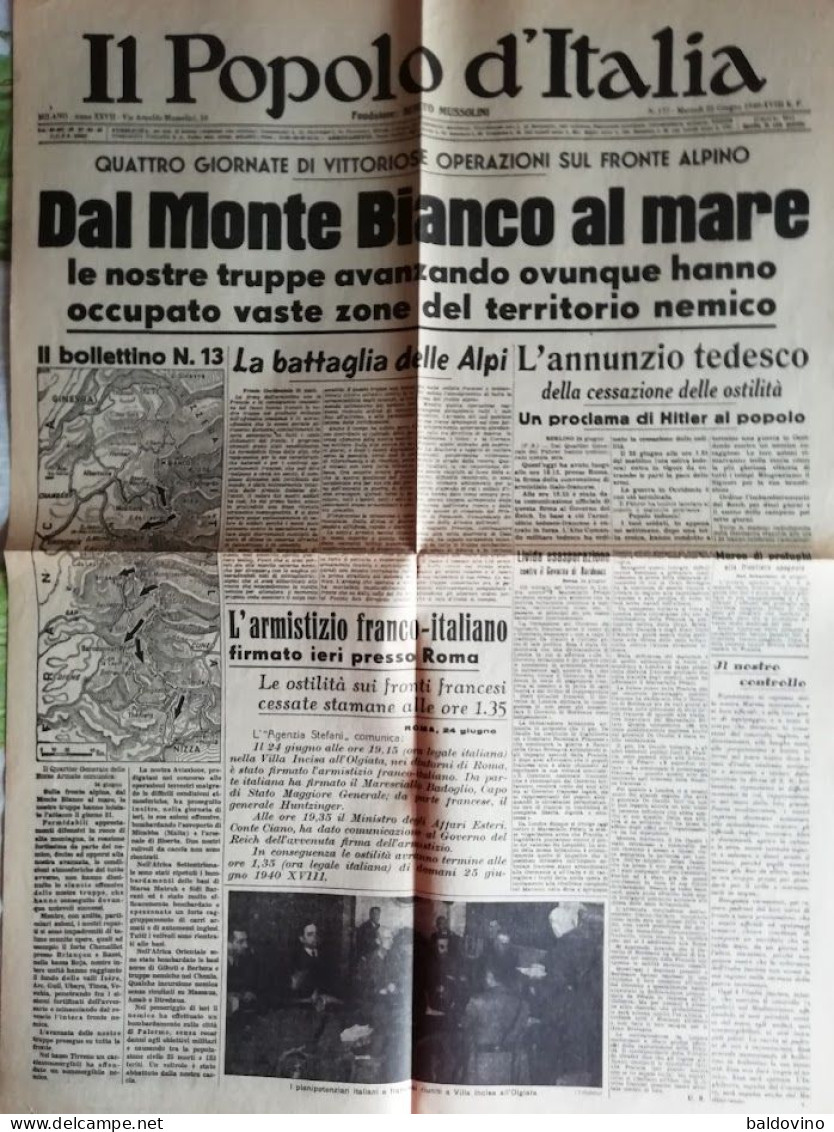 Copia Anastatica Prima Pagina Popolo D'Italia 25 Giugno 1940 - Autres & Non Classés