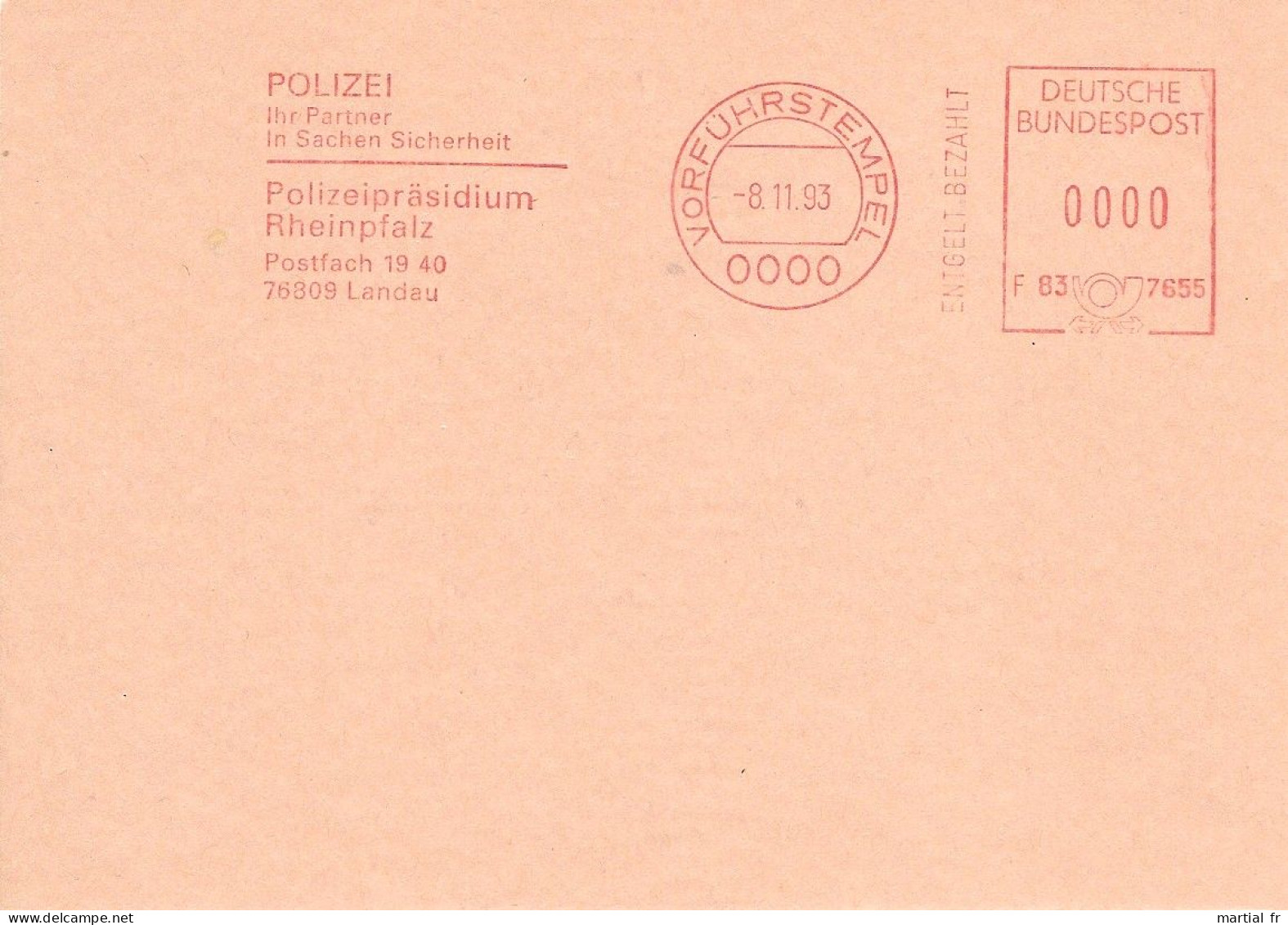 EMA SPECIMEN ALLEMAGNE LANDAU VORFÜHRSTEMPEL ESSAY PROBE VORFUHRSTEMPEL POLICE POLICEMAN POLIZEI SICHERHEIT SECURITE - Police - Gendarmerie