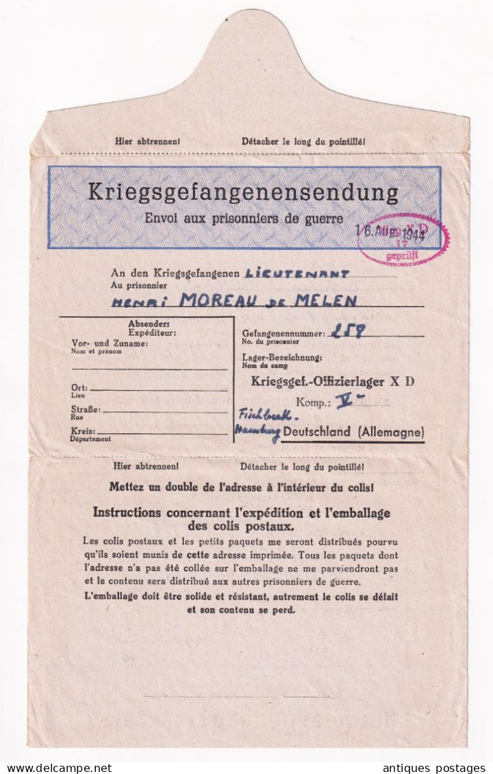 Fischbek 1944 Oflag X D Offizierslager Lieutenant Henri Moreau De Melen WW2 Liège Belgique Baron Ancion - Courriers De Prisonniers