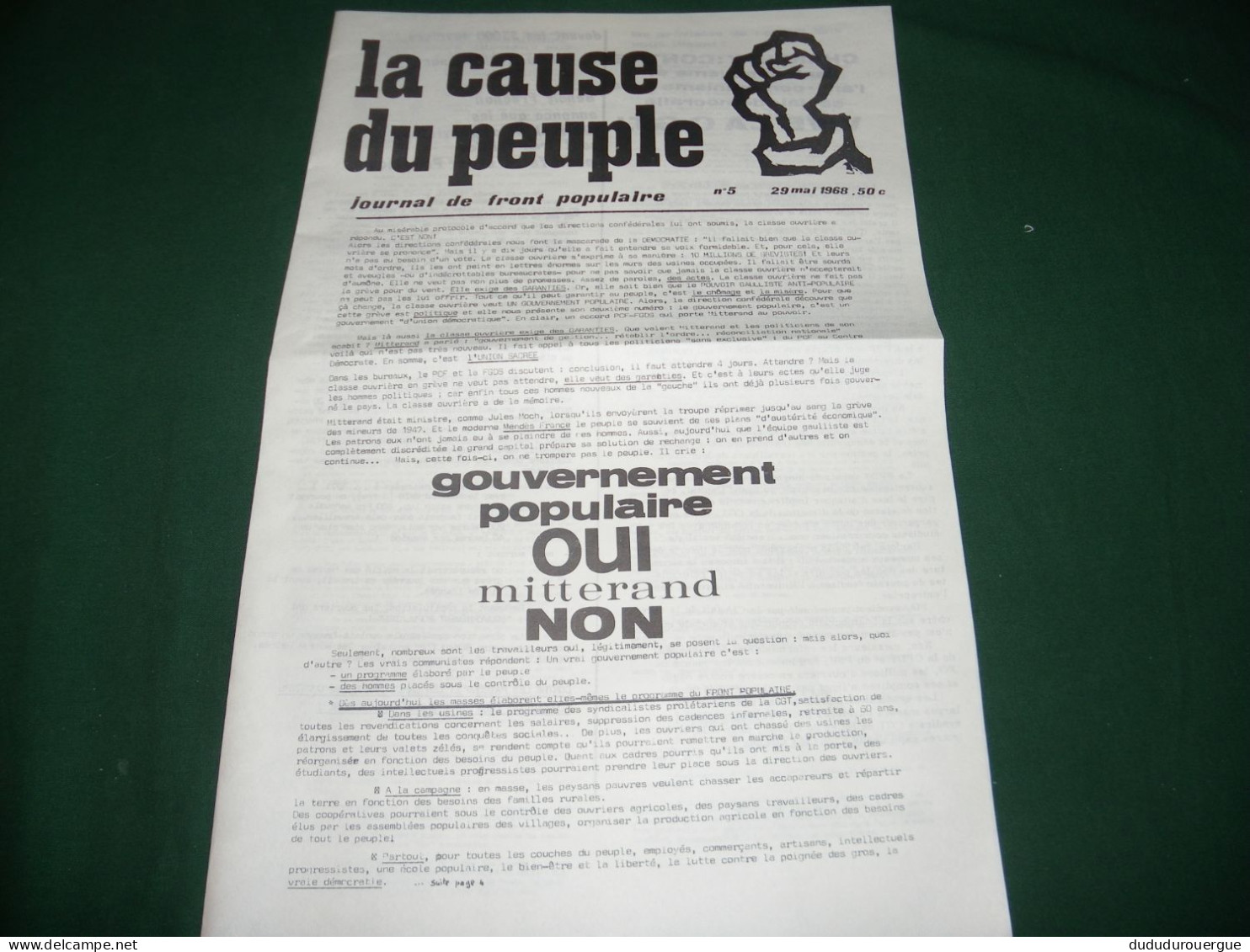 PROPAGANDE 68 : LA CAUSE DU PEUPLE N ° 5  JOURNAL DE FRONT POPULAIRE , 29 MAI 1968 - 1950 - Heute