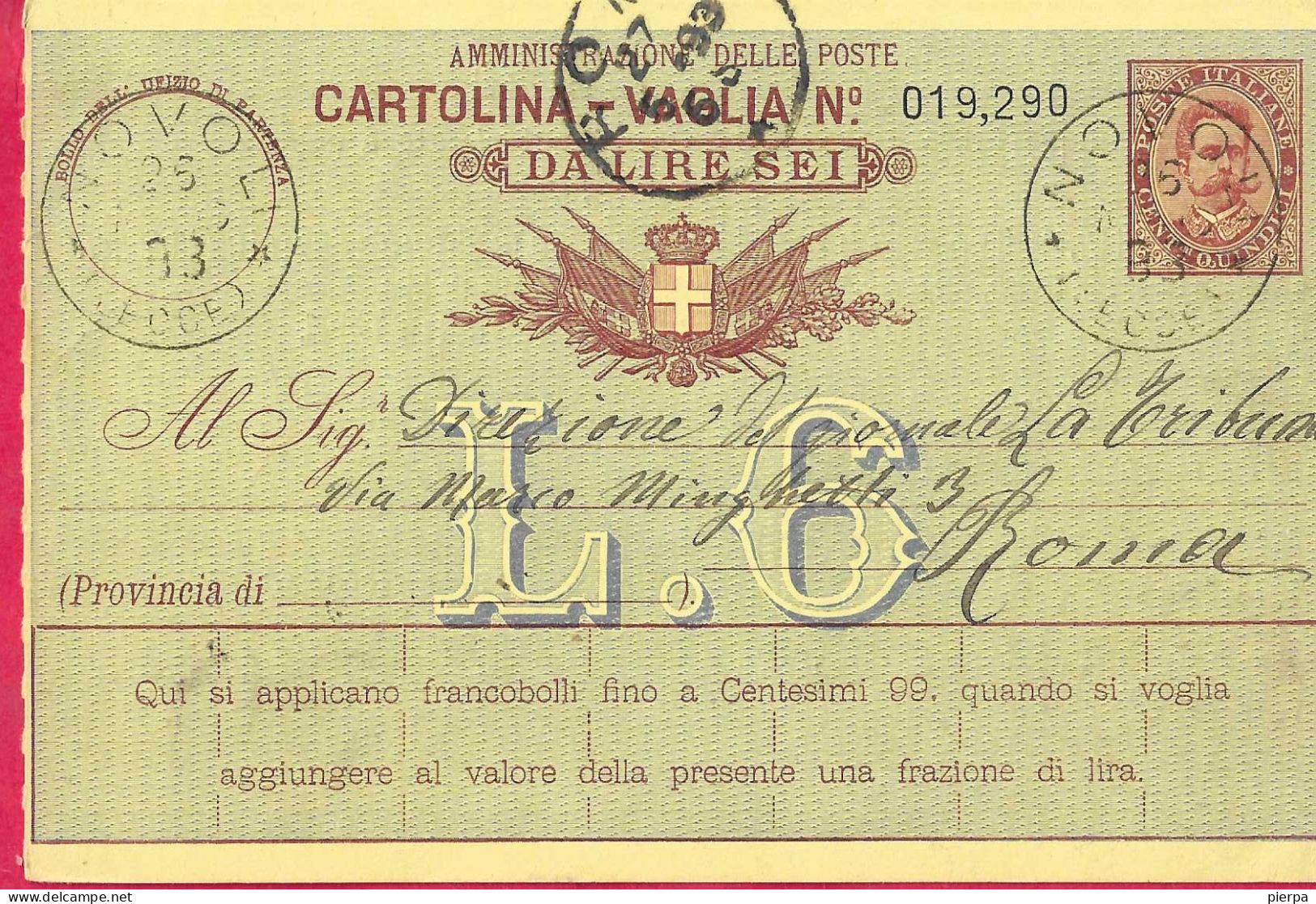 INTERO CARTOLINA-VAGLIA UMBERTO C.15 DA LIRE 6 (CAT. INT. 10) -VIAGGIATA DA NOVOLI *26.5.93* /(LECCE)" PER ROMA - Ganzsachen