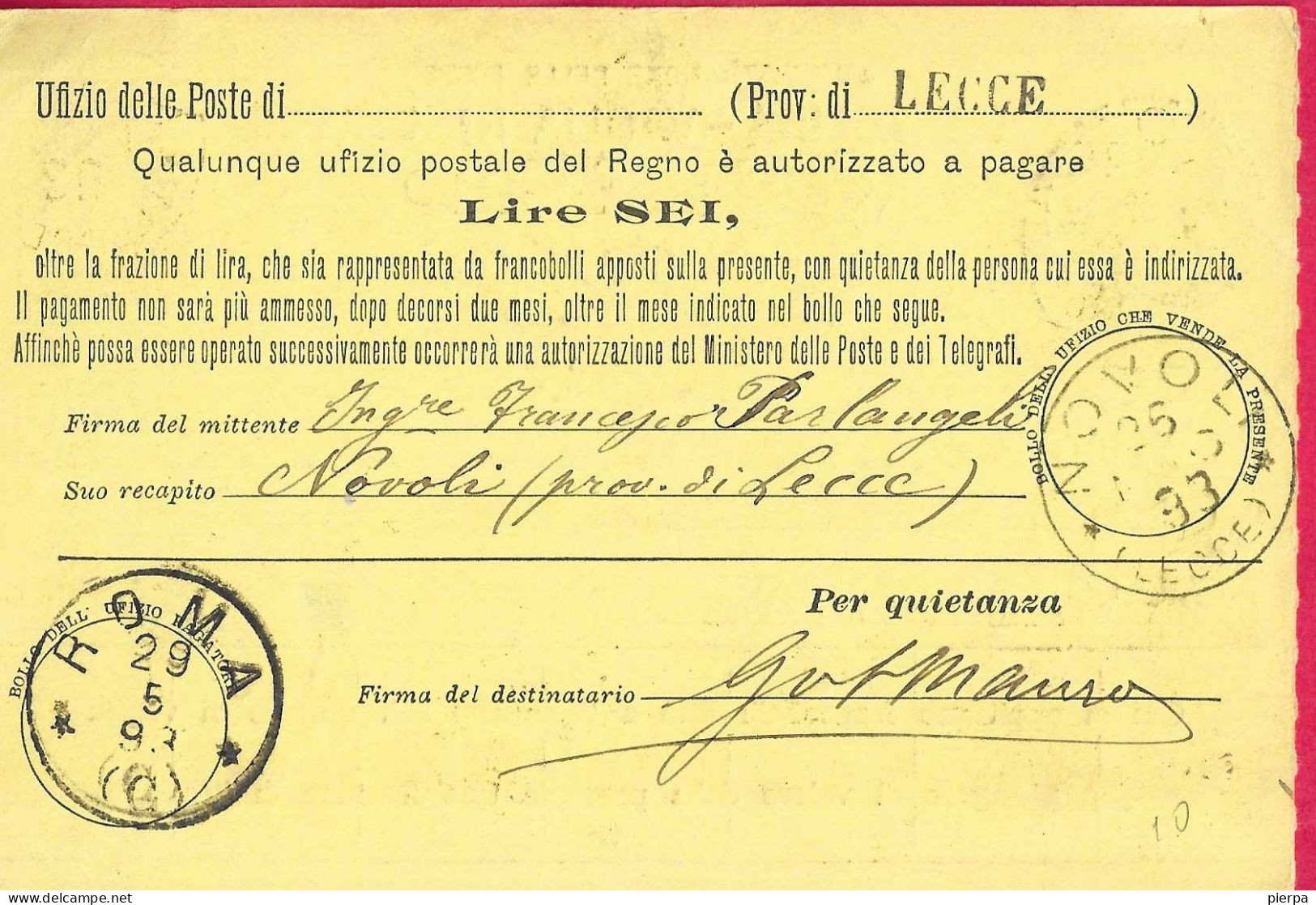 INTERO CARTOLINA-VAGLIA UMBERTO C.15 DA LIRE 6 (CAT. INT. 10) -VIAGGIATA DA NOVOLI *26.5.93* /(LECCE)" PER ROMA - Stamped Stationery