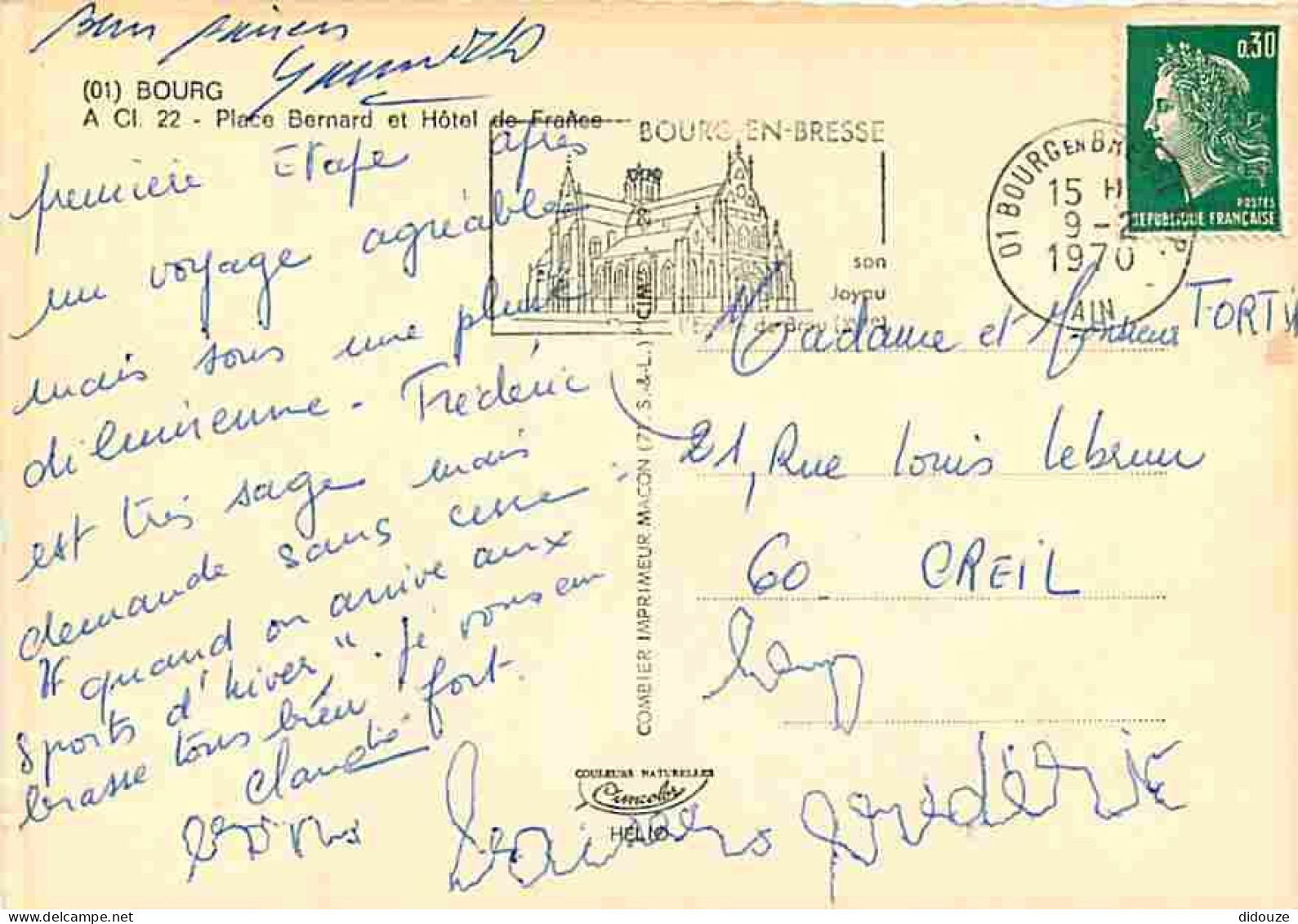 01 - Bourg En Bresse - Place Bernard - Hotel De France - Automobiles - Fleurs - Flamme Postale - CPM - Voir Scans Recto- - Sonstige & Ohne Zuordnung