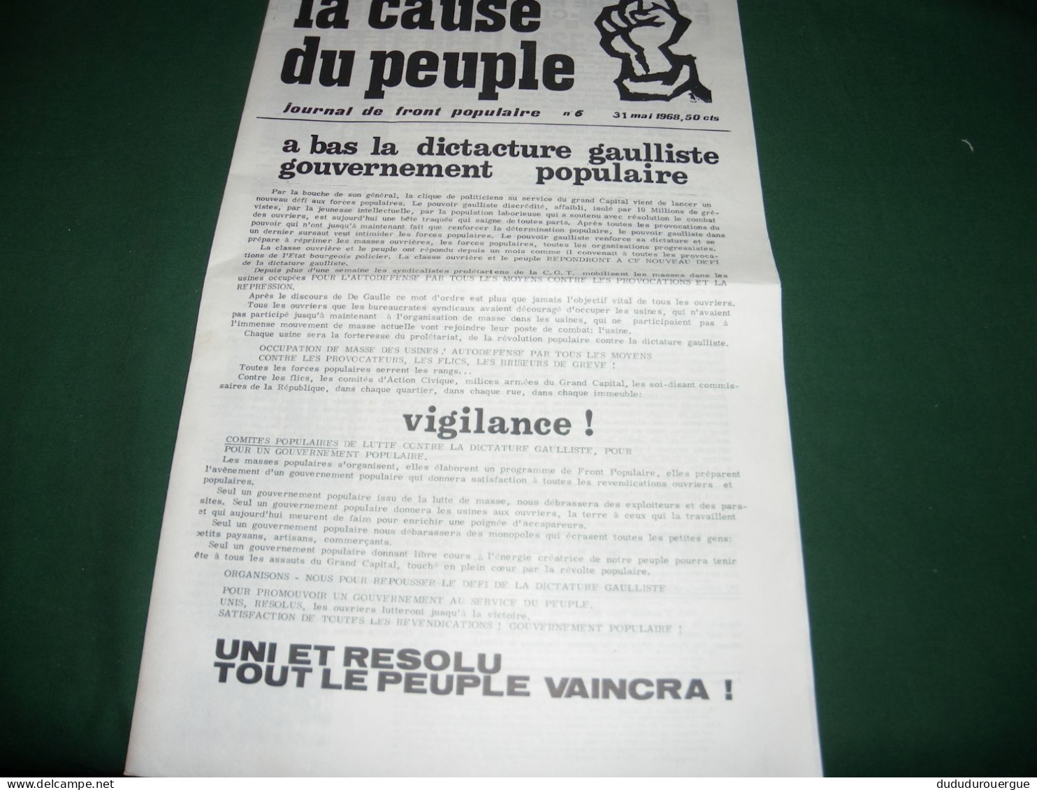 PROPAGANDE 68 : LA CAUSE DU PEUPLE N ° 6  JOURNAL DE FRONT POPULAIRE , 31 MAI 1968 - 1950 - Today