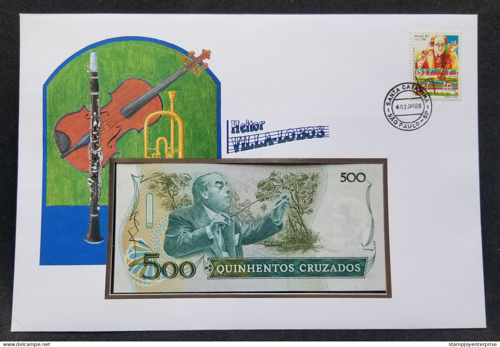 Brazil Heitor Villa-Lobos Birth Centenary 1988 Musical Instruments Music FDC (banknote Cover) *rare - Covers & Documents
