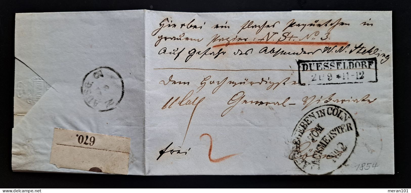 Preussen 1854, Brief DÜSSELDORF Nach Köln, Packmeister-Ovalstempel - Lettres & Documents