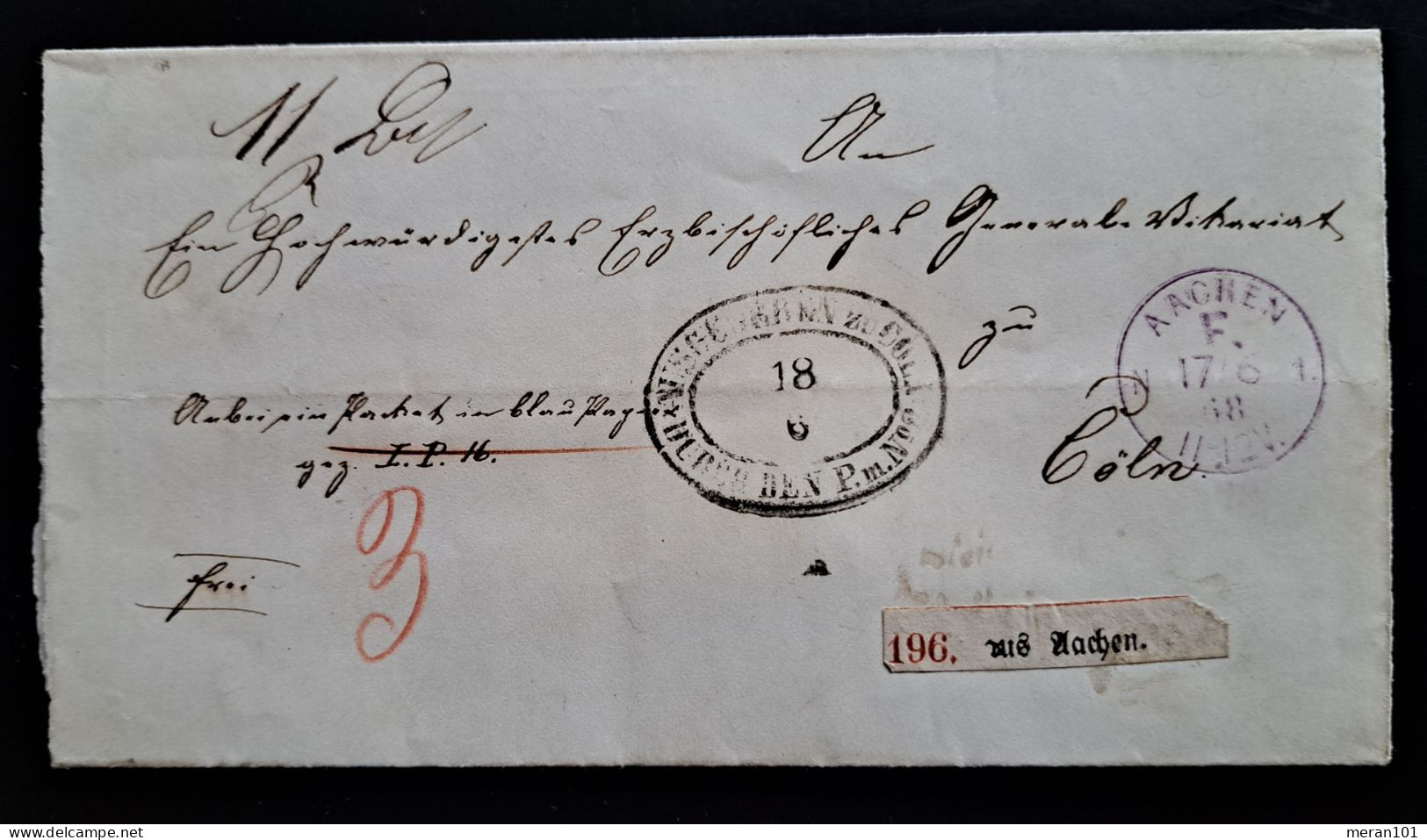 Preussen 1868, Brief AACHEN Nach Köln, Packmeister-Ovalstempel - Covers & Documents