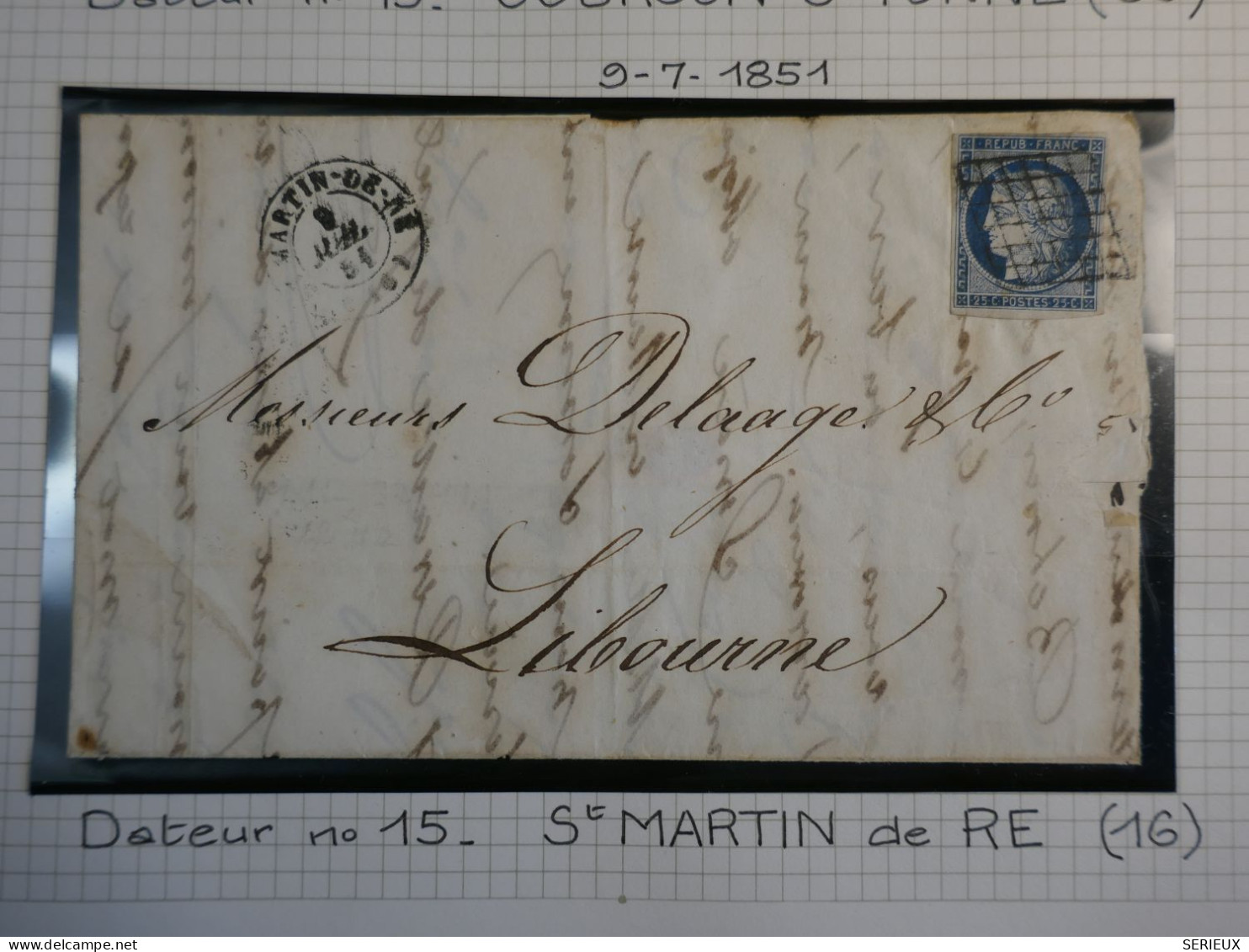 C FRANCE   BELLE  LETTRE RARE 1851  PETIT BUREAU ST MARTIN DE Ré A LIBOURNE +CERES N°4  + AFF. INTERESSANT+++ - 1849-1876: Classic Period