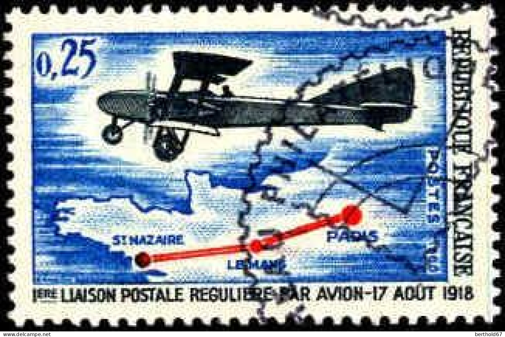 France Poste Obl Yv:1565 Mi:1632 1.Liaison Postale Reguliere Biplan (TB Cachet Rond) (Thème) - Flugzeuge