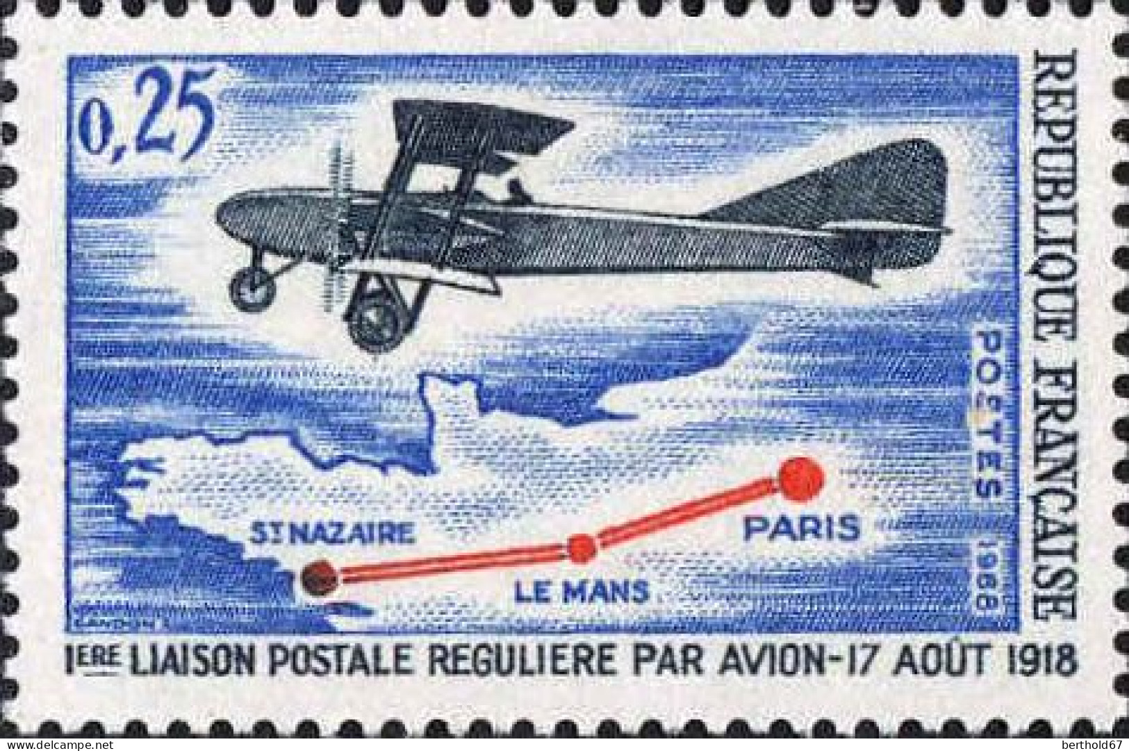France Poste N** Yv:1565 Mi:1632 1ere Liaison Postale Reguliere Biplan (Thème) - Flugzeuge