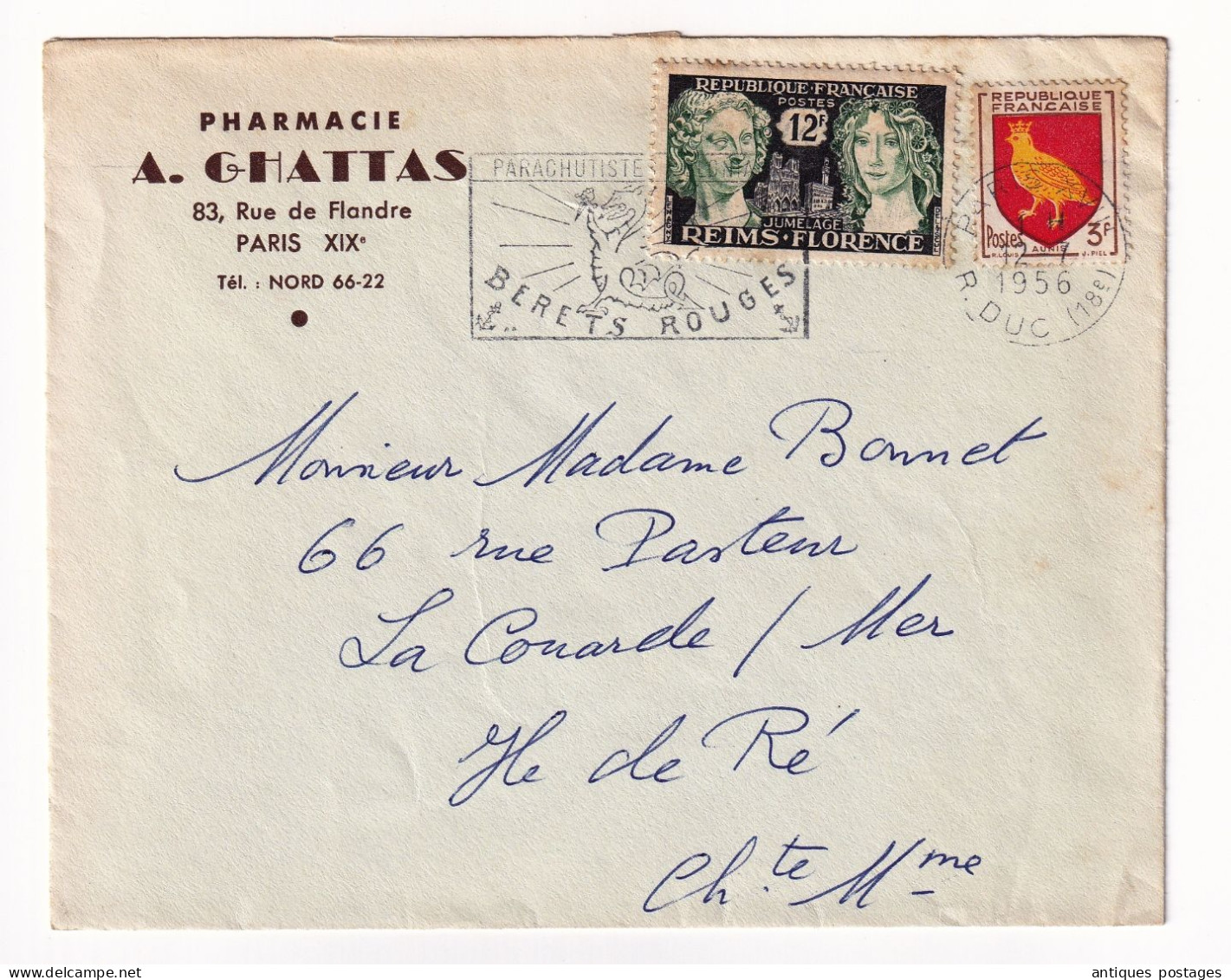 Lettre Paris 1956 Flamme Bérets Rouges Parachutiste Pharmacie A. Ghattas Rue De Flandre - Covers & Documents