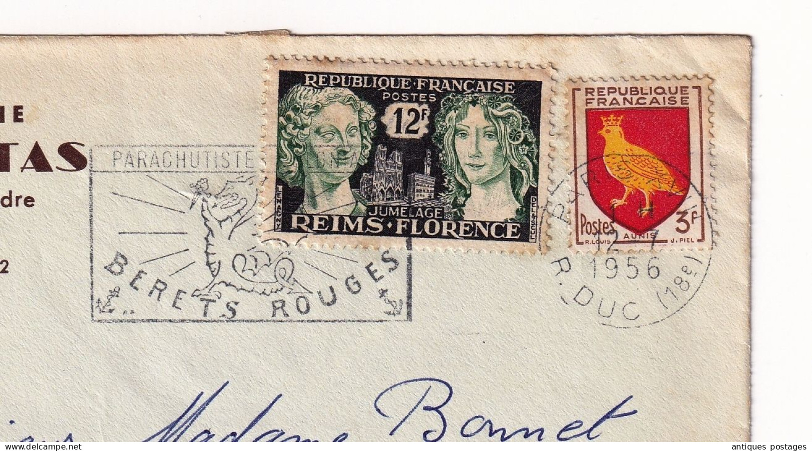 Lettre Paris 1956 Flamme Bérets Rouges Parachutiste Pharmacie A. Ghattas Rue De Flandre - Covers & Documents