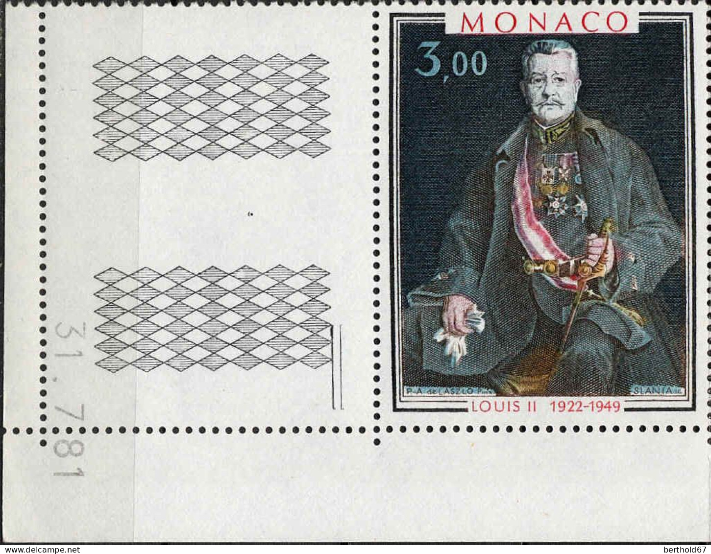 Monaco Poste N** Yv:1286 Mi:1487 Philip Alexius De László Louis II Coin D.feuille Daté 31-7-81 - Neufs
