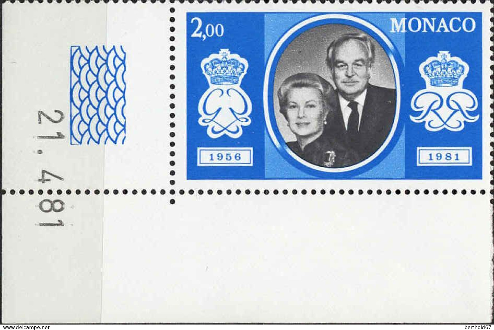 Monaco Poste N** Yv:1269 Mi:1469 Prince Rainier III & Princesse Grace Coin D.feuille Daté 21-4-81 - Unused Stamps