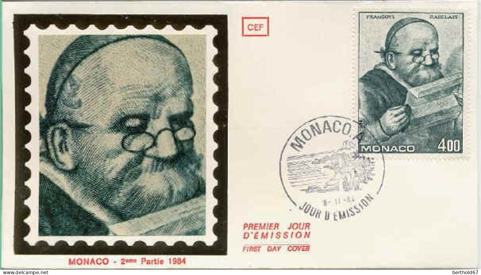 Monaco Fdc Yv:1453 Mi:1669 Françoys Rabelais (TB Cachet à Date) Fdc 8-11-84 - FDC