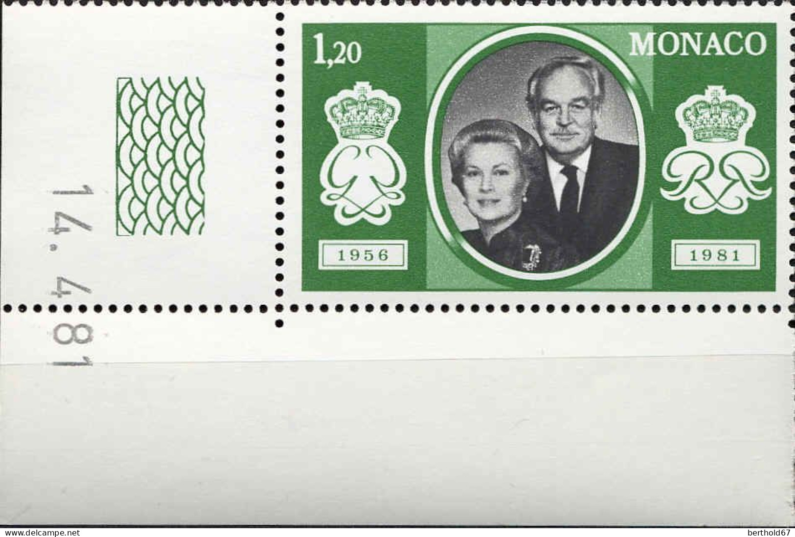 Monaco Poste N** Yv:1265 Mi:1465 Prince Rainier III & Princesse Grace Coin D.feuille Daté 14-4-81 - Nuevos