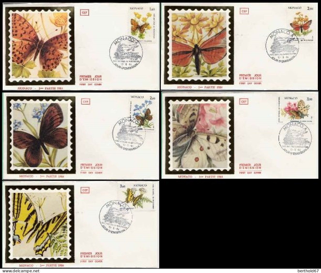 Monaco Fdc Yv:1420/1424 Papillons & Plantes Du Parc National Mercantour (TB Cachet à Date) Fdc 10-5-84 - FDC