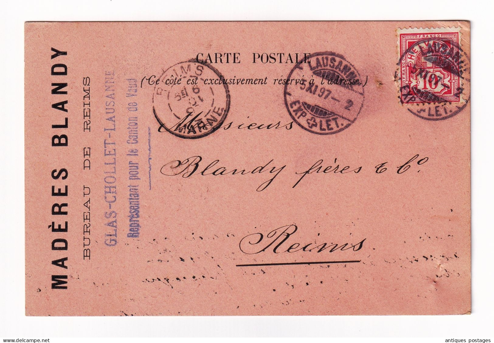 Carte Postale 1897 Lausanne Suisse Madère Blandy Reims Marne Glas Cholet Wine Vin - Covers & Documents