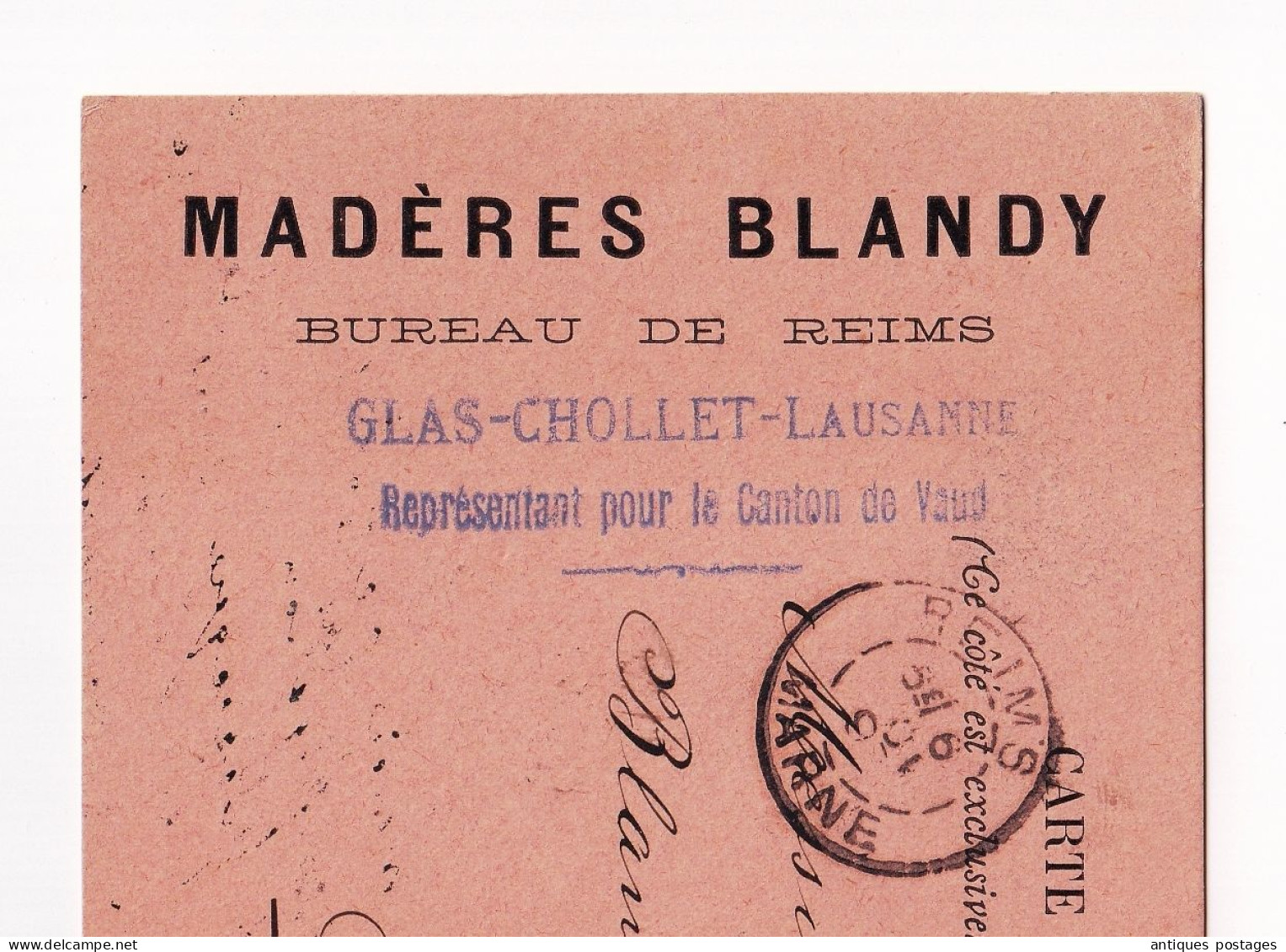 Carte Postale 1897 Lausanne Suisse Madère Blandy Reims Marne Glas Cholet Wine Vin - Covers & Documents