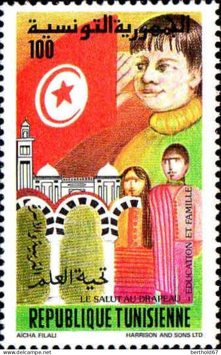 Tunisie (Rep) Poste N** Yv:1004 Mi:1067 La Salut Au Drapeau Education Et Famille - Tunisie (1956-...)