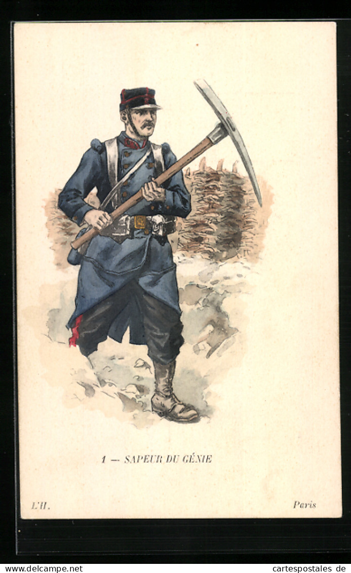 Lithographie Sapeur Du Génie, Französischer Soldat Avec Spitzhacke  - Other & Unclassified