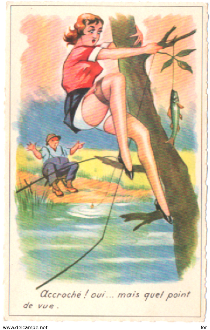 Humour : La Pêche : " Accroché ! Oui ....  "  : Pin-up Dans Un Arbre Décrochant Une Truite : édit. M. D. Paris N° 120 - Humour