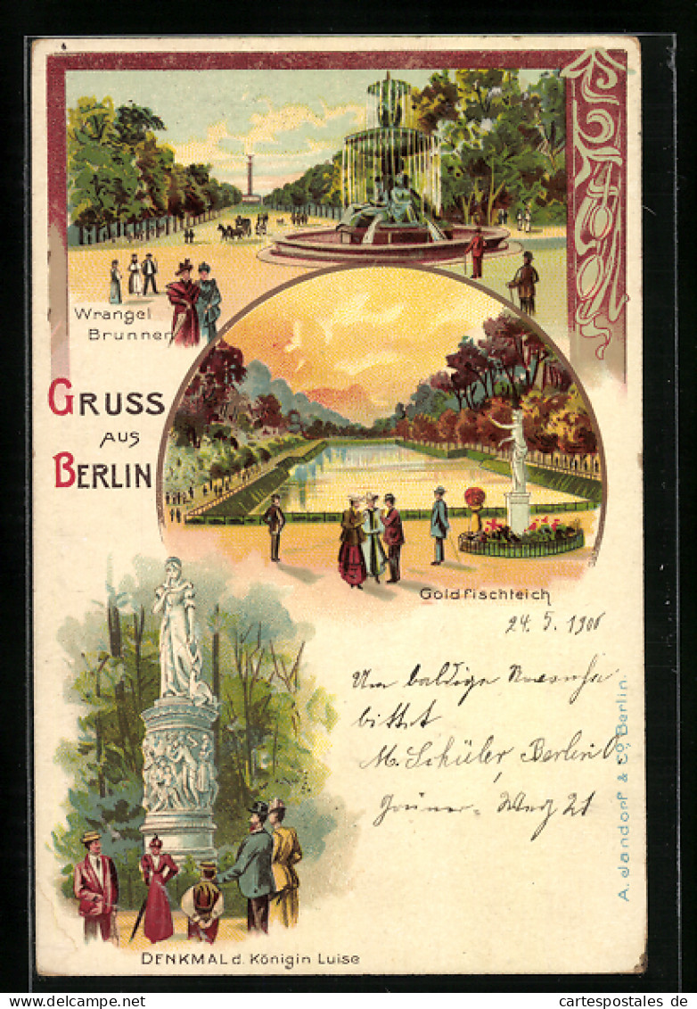 Lithographie Berlin-Tiergarten, Am Wrangel-Brunnen, Das Denkmal Der Königin Luise  - Tiergarten