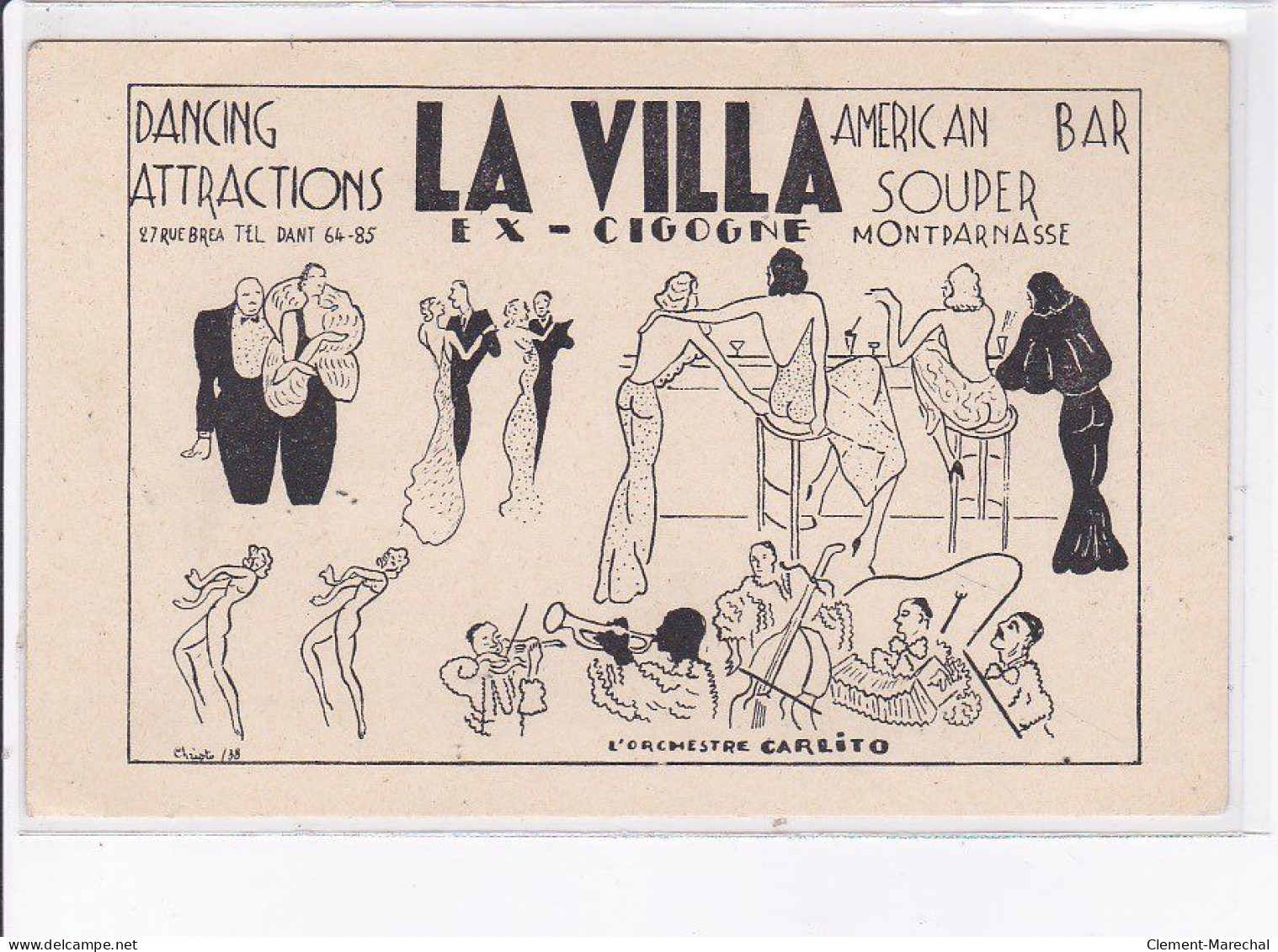 PUBLICITE : La Villa  (ex-cigogne)- Dancing American Bar à Montparnasse (Paris) - Orchestre Carlito - Très Bon état - Advertising