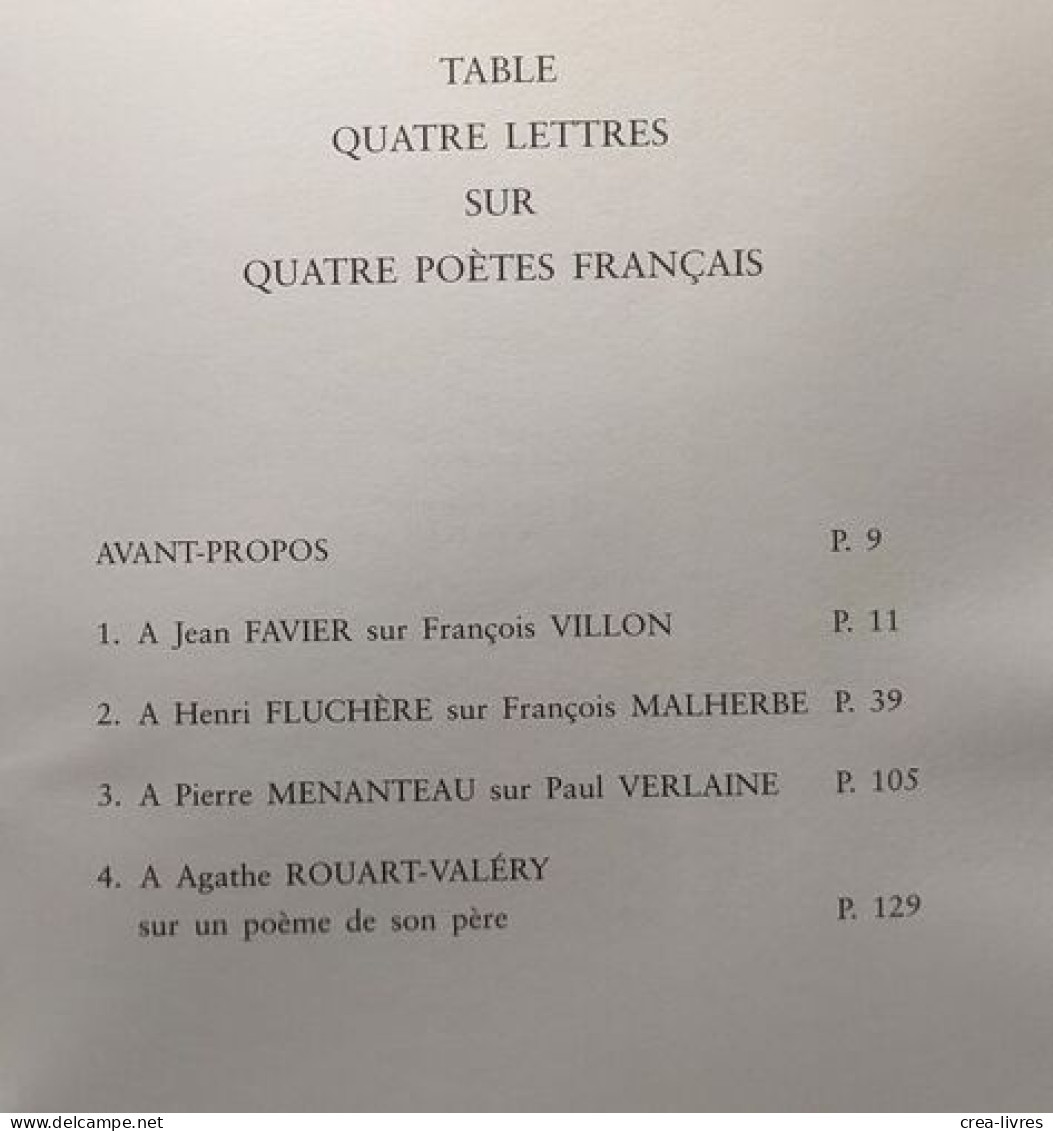 Quatre Lettres Sur Quatre Poètes Français - Otros & Sin Clasificación