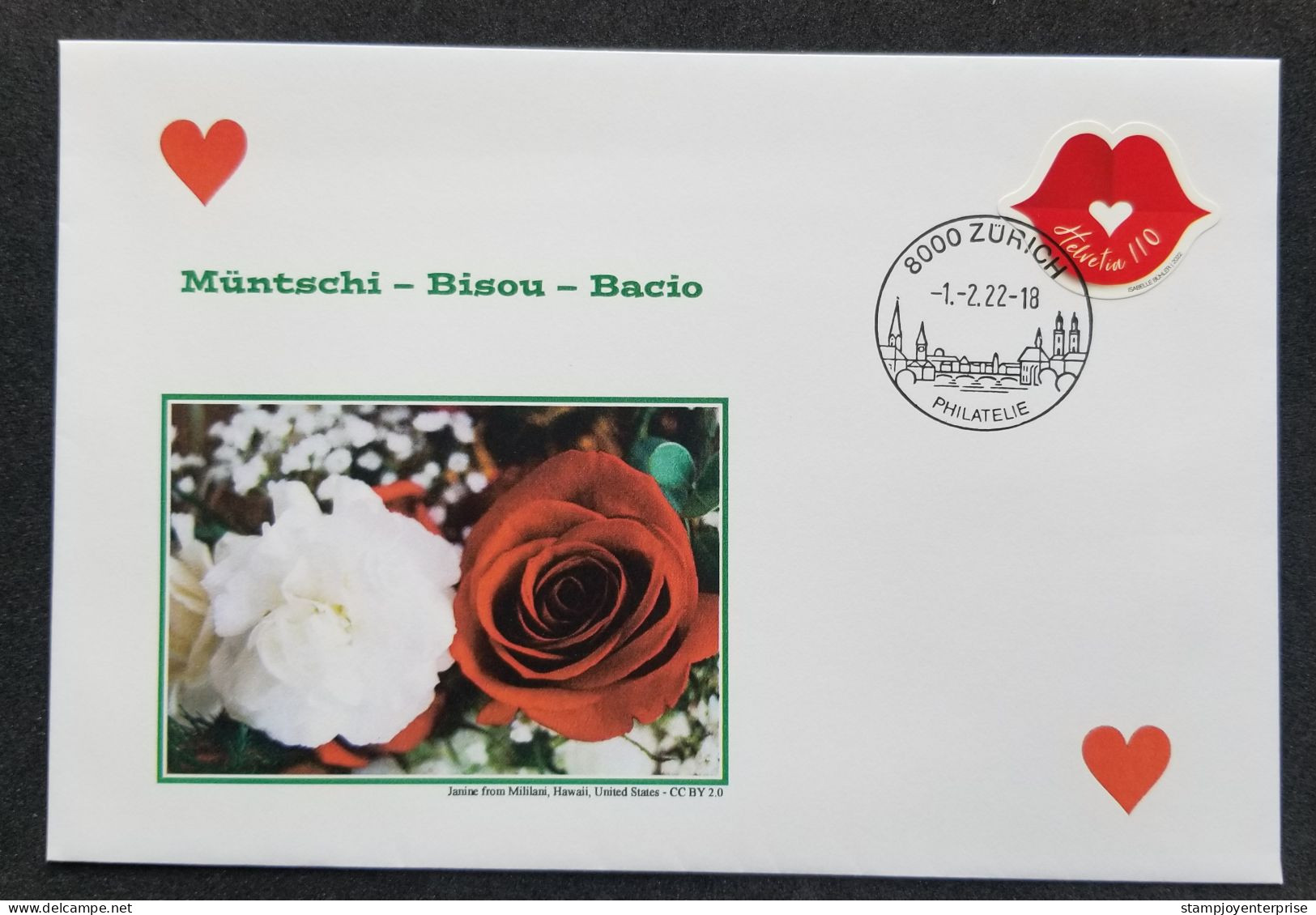 Switzerland Valentine's Day 2022 Roses Kiss Mouth Love Valentine (FDC) *odd Shape *unusual - Lettres & Documents