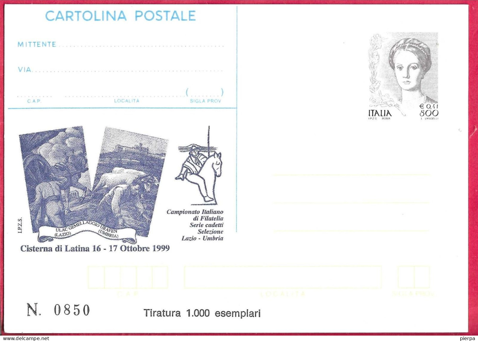REPIQUAGE - CAMPIONATO ITALIANO DI FILATELIA - CISTERNA DI LATINA - SU INTERO CARTOLINA POSTALE DONNE L.800/€0,41 - Stamped Stationery